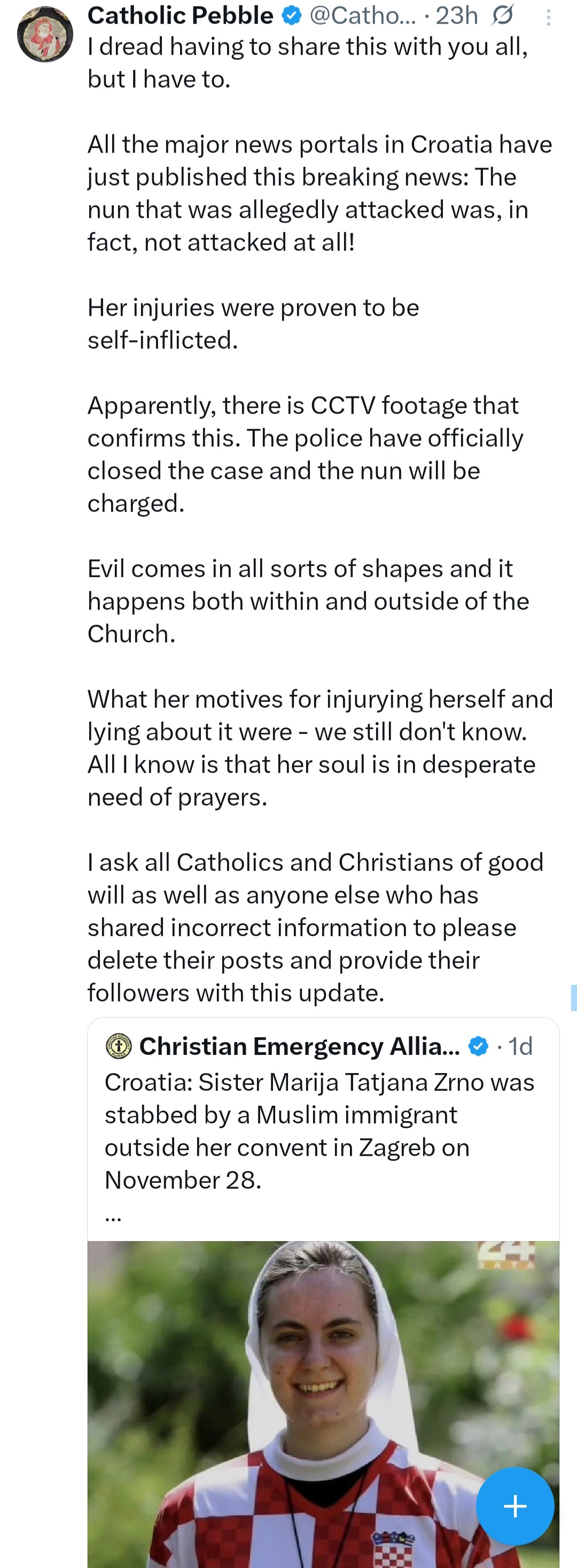 Catholic nun to be charged after st@bbing herself and lying that a fictitious Muslim immigrant screaming 