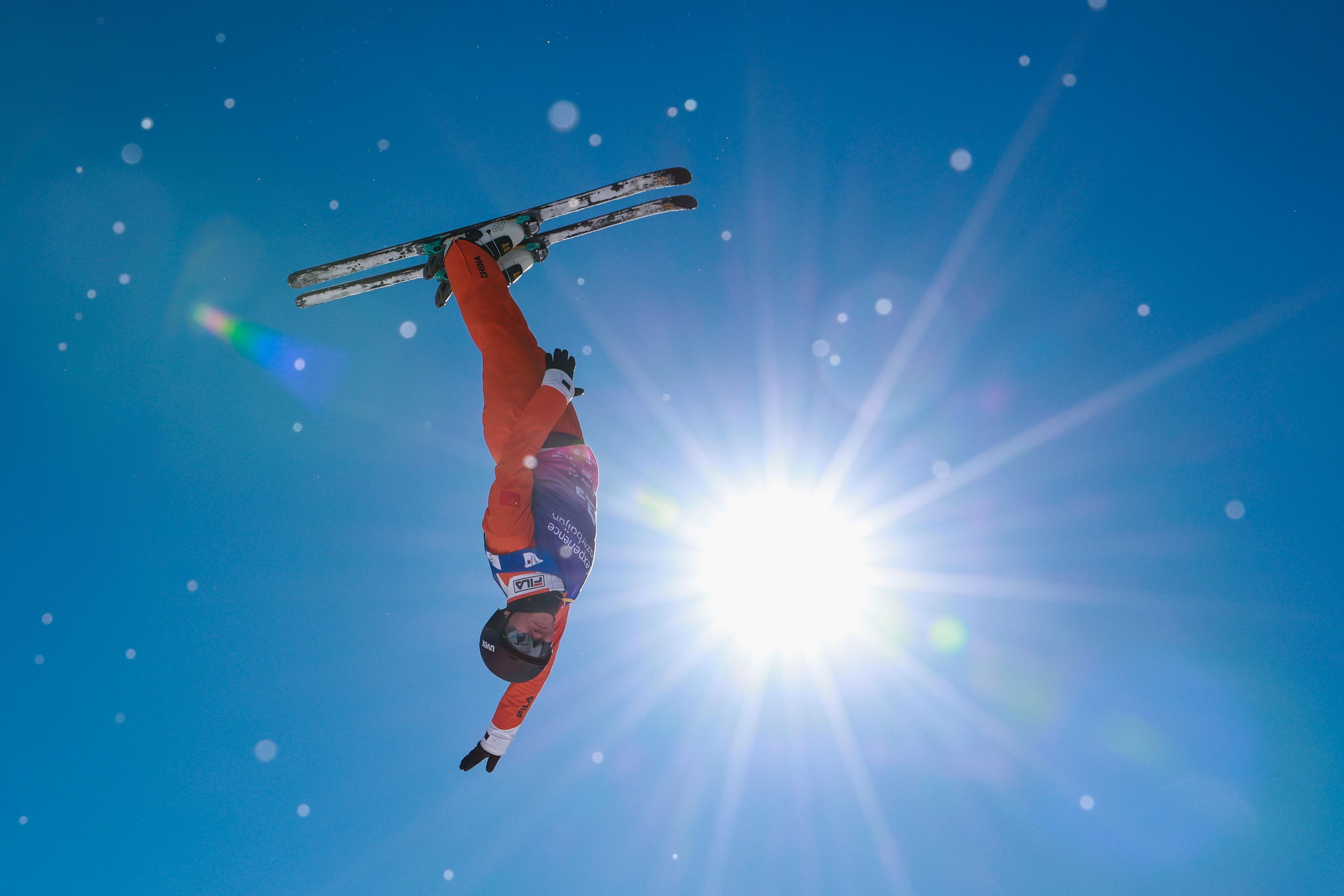 China's Sun Jiaxu competes during the mixed team aerials finals at the FIS Freestyle Skiing Aerials World Cup in Zhangjiakou, China