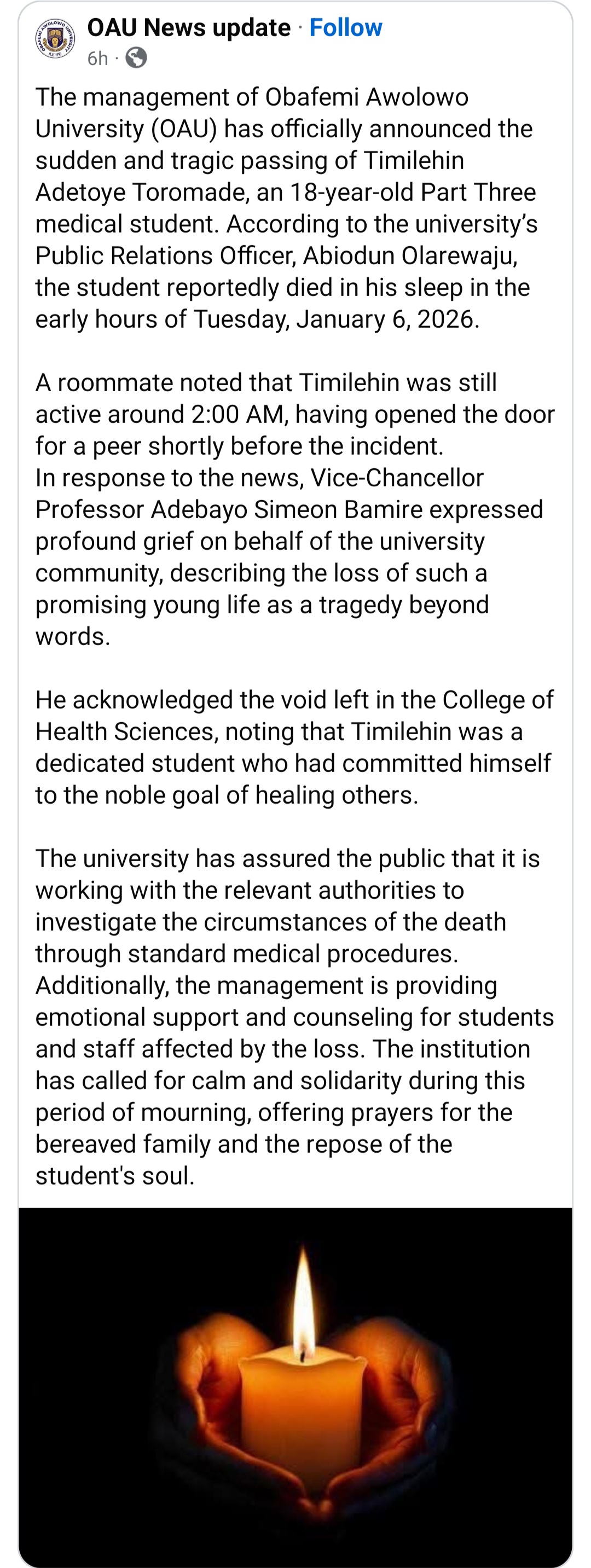 18-year-old medical student di�s in his sleep in OAU hostel