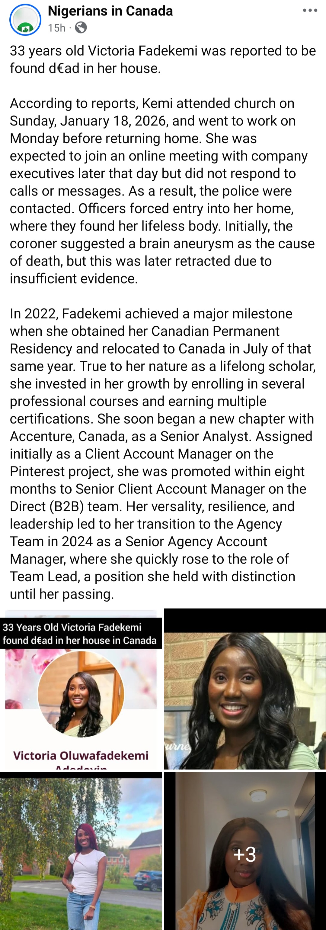 Nigerian executive found d�ad in her Canadian home just hours after returning from work