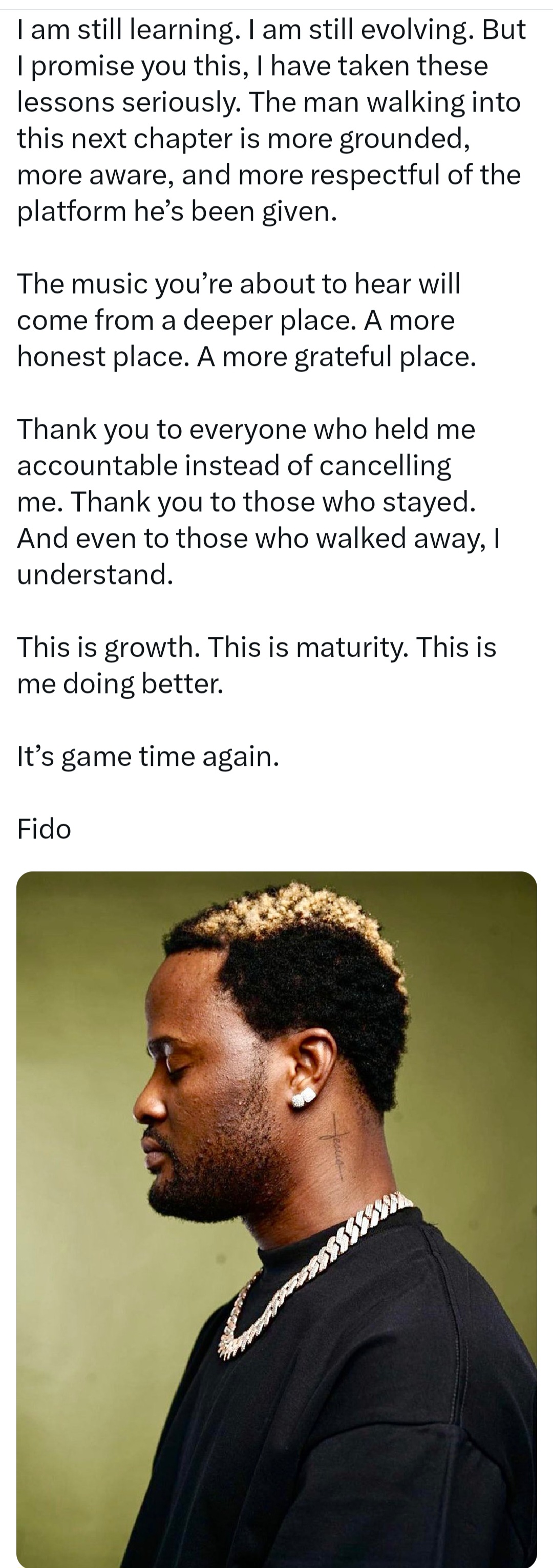 Joy is Coming crooner, Fido apologises for past behaviour