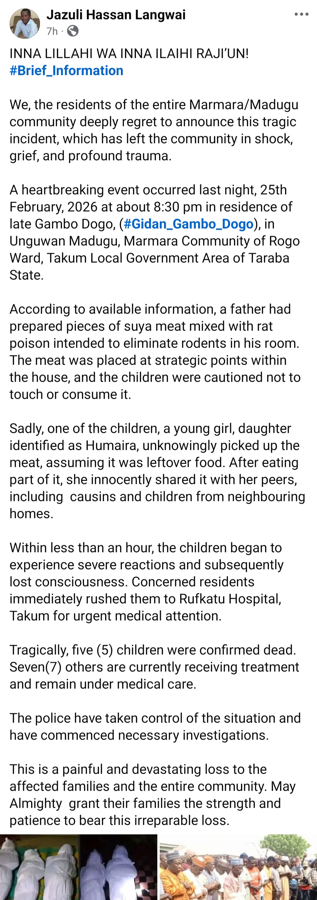 Five di� after eating suspected poisoned meat in Taraba