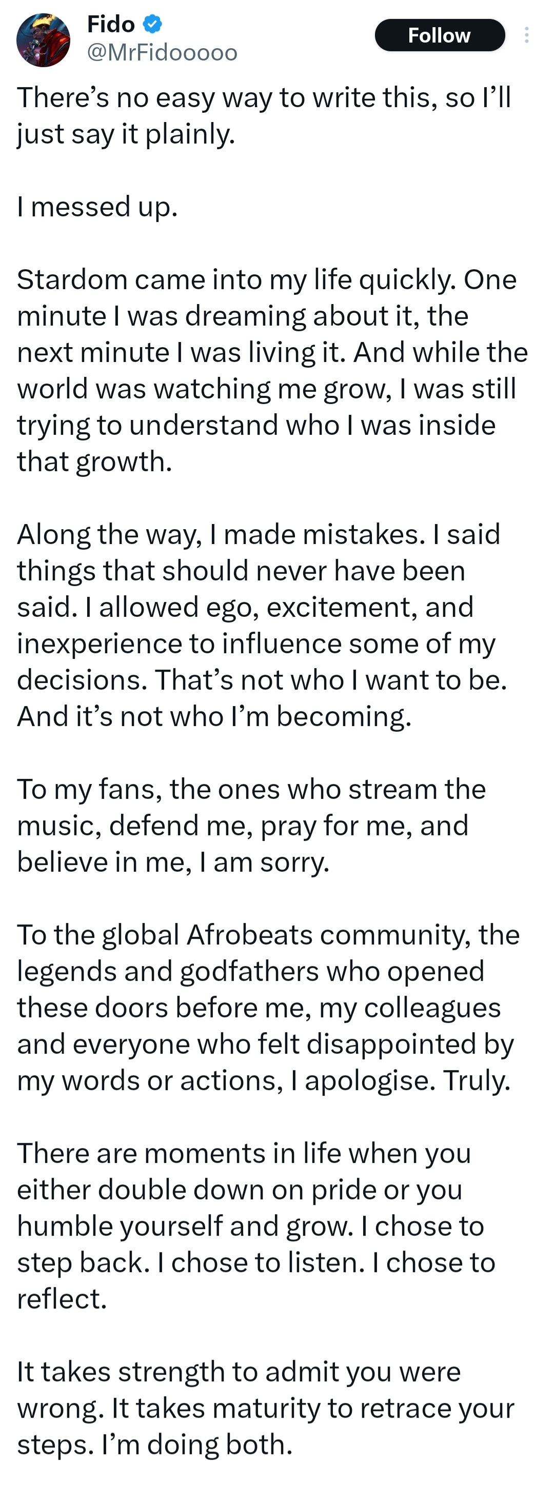 Joy is Coming crooner, Fido apologises for past behaviour