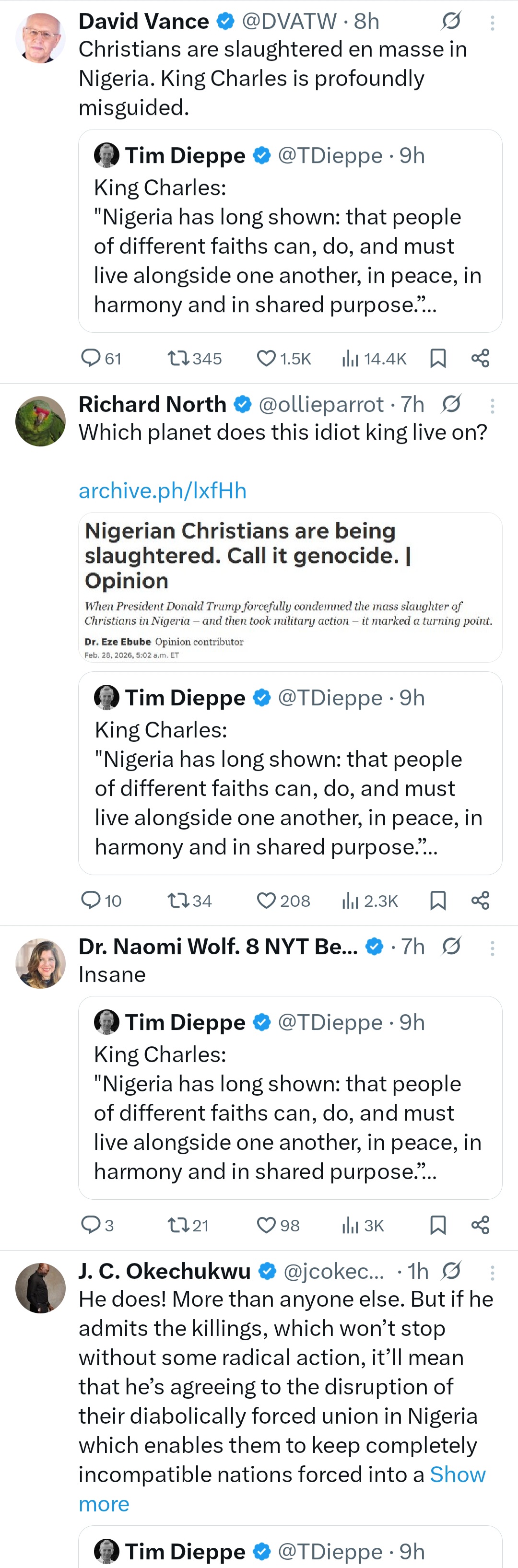 Brits call out King Charles for saying Nigerians are living in religious harmony amid 