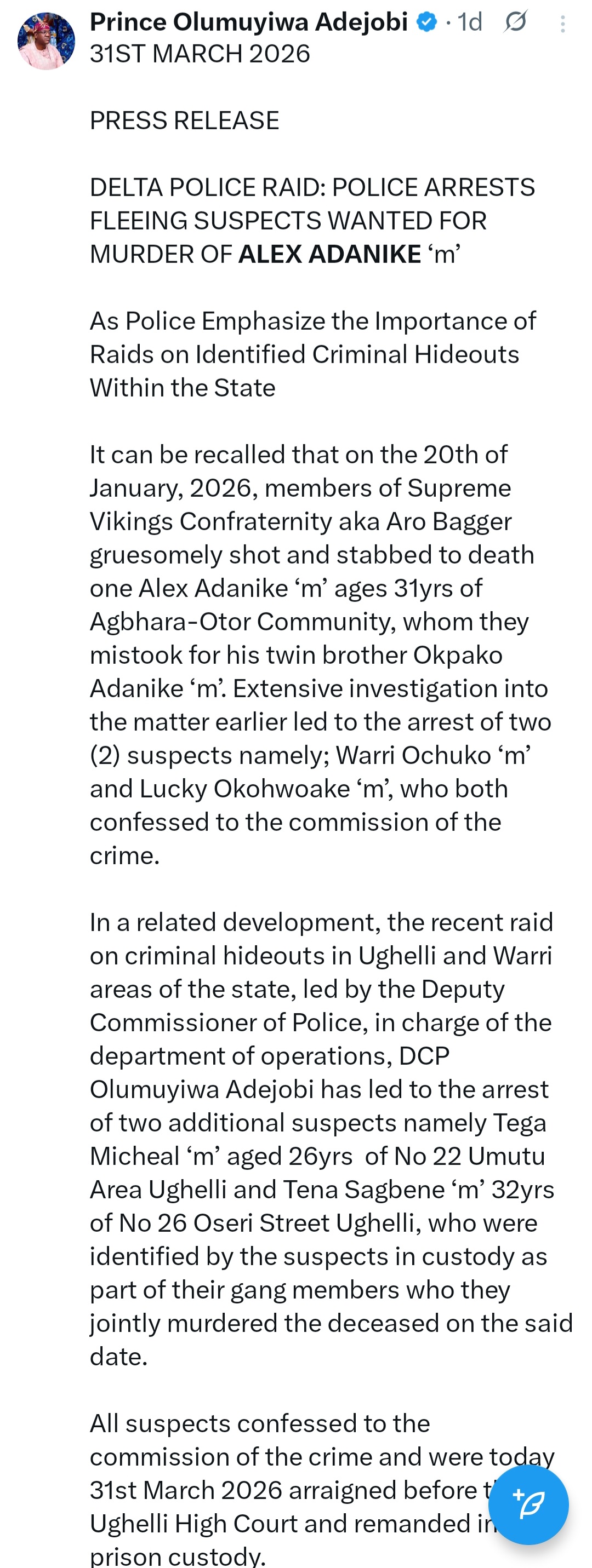 More suspects arrested over murd�r of Ughelli monarch