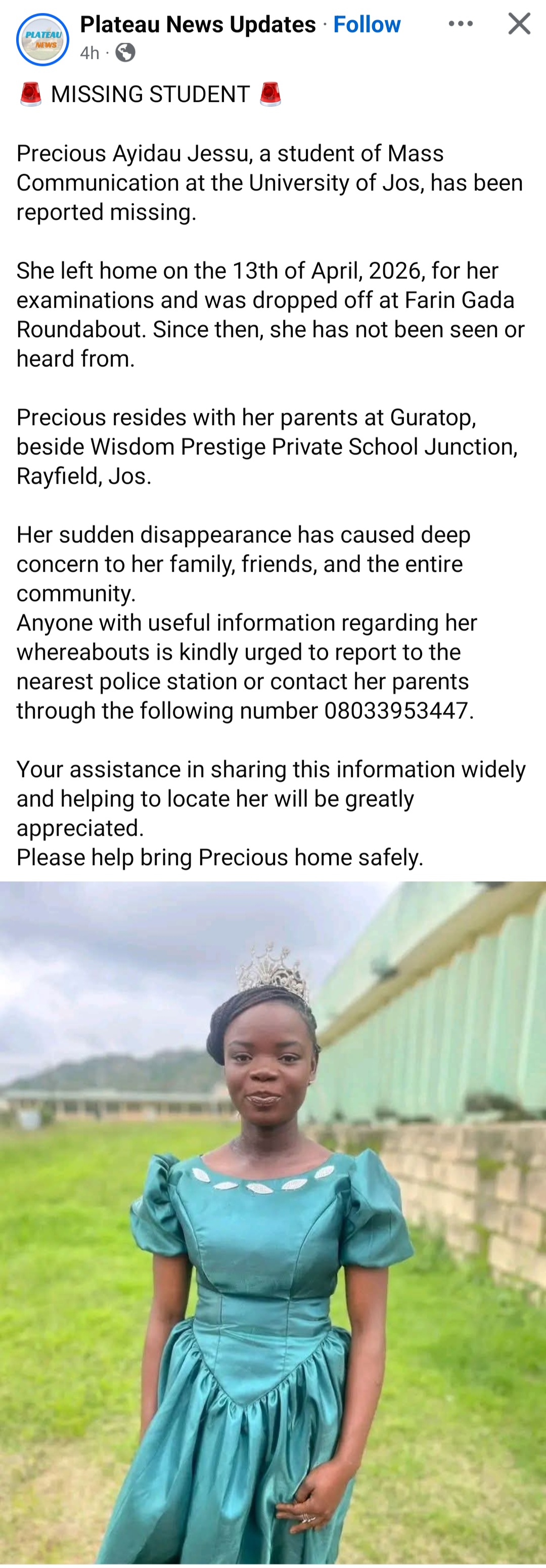 Unijos student goes missing after leaving home for examination