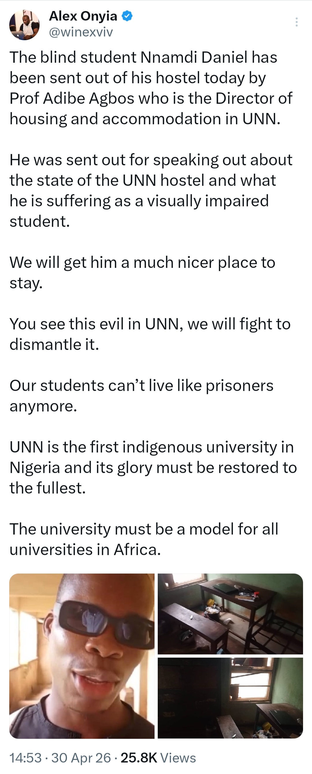Visually impaired student sent out of UNN hostel for speaking out about state of the hostel