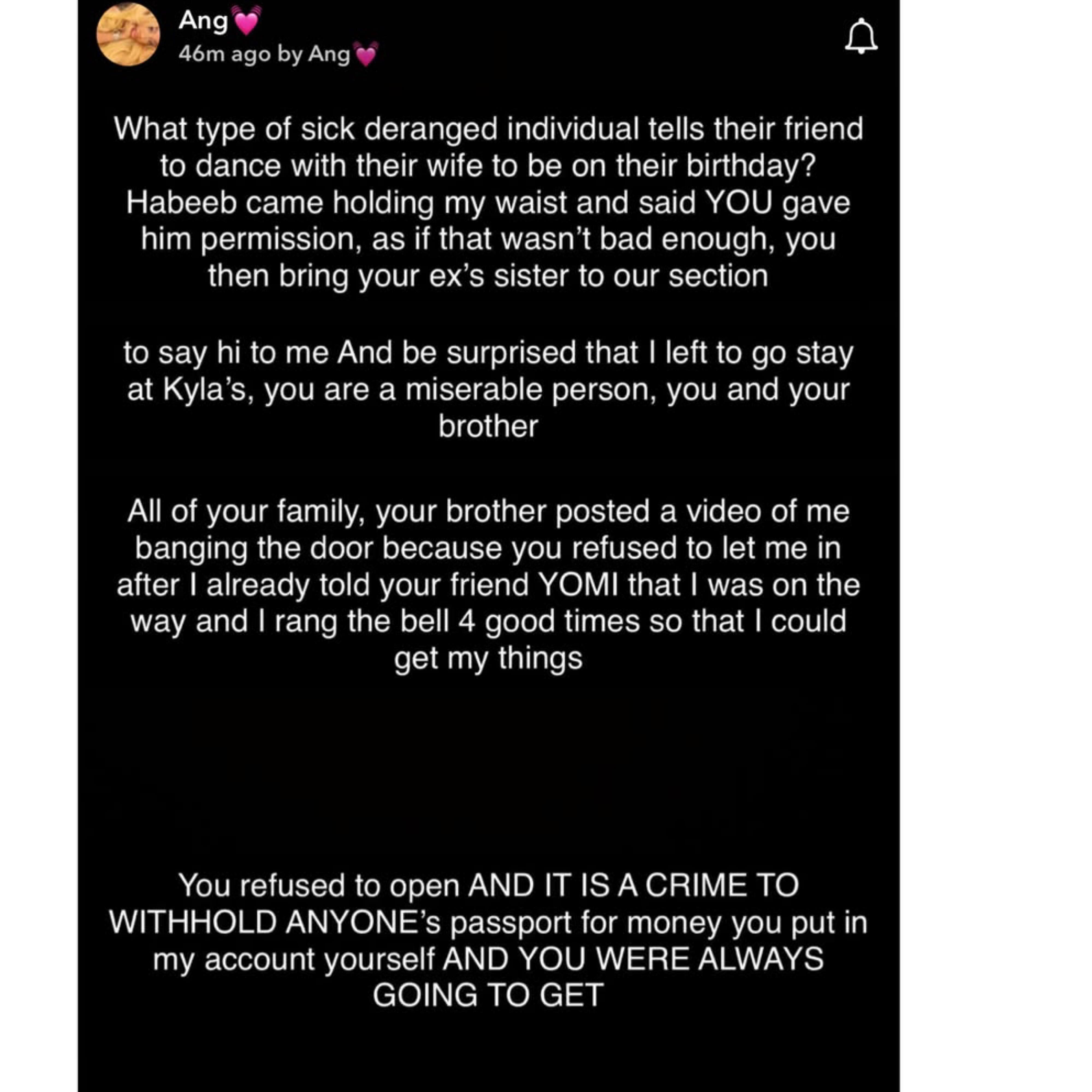 ?Let my mother go? - BBNaija star, Angel accuses estranged wife of getting her mum arrested over car dispute