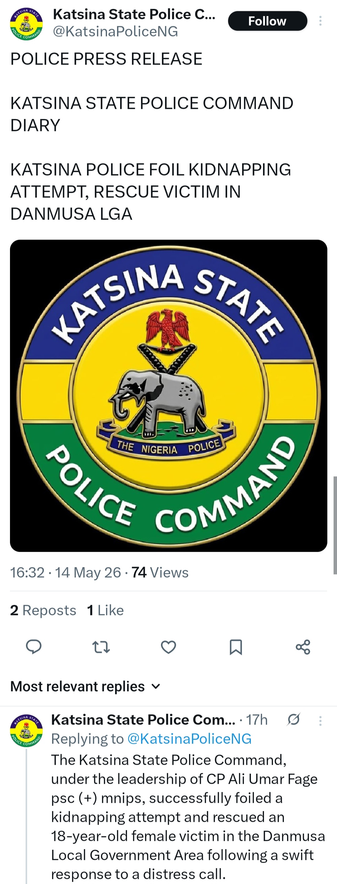 Police rescue woman from attempted abduction in Katsina