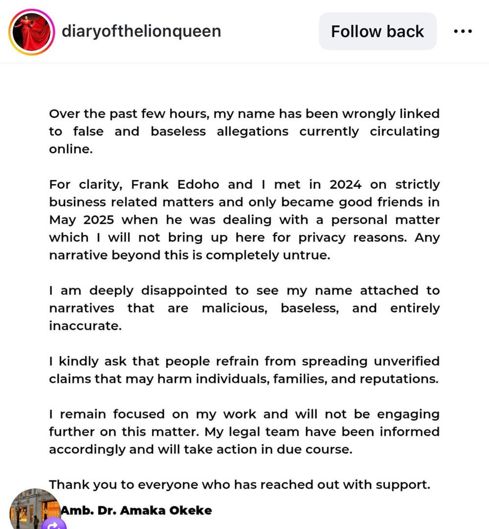 Lady accused of having an affair with Frank Edoho speaks